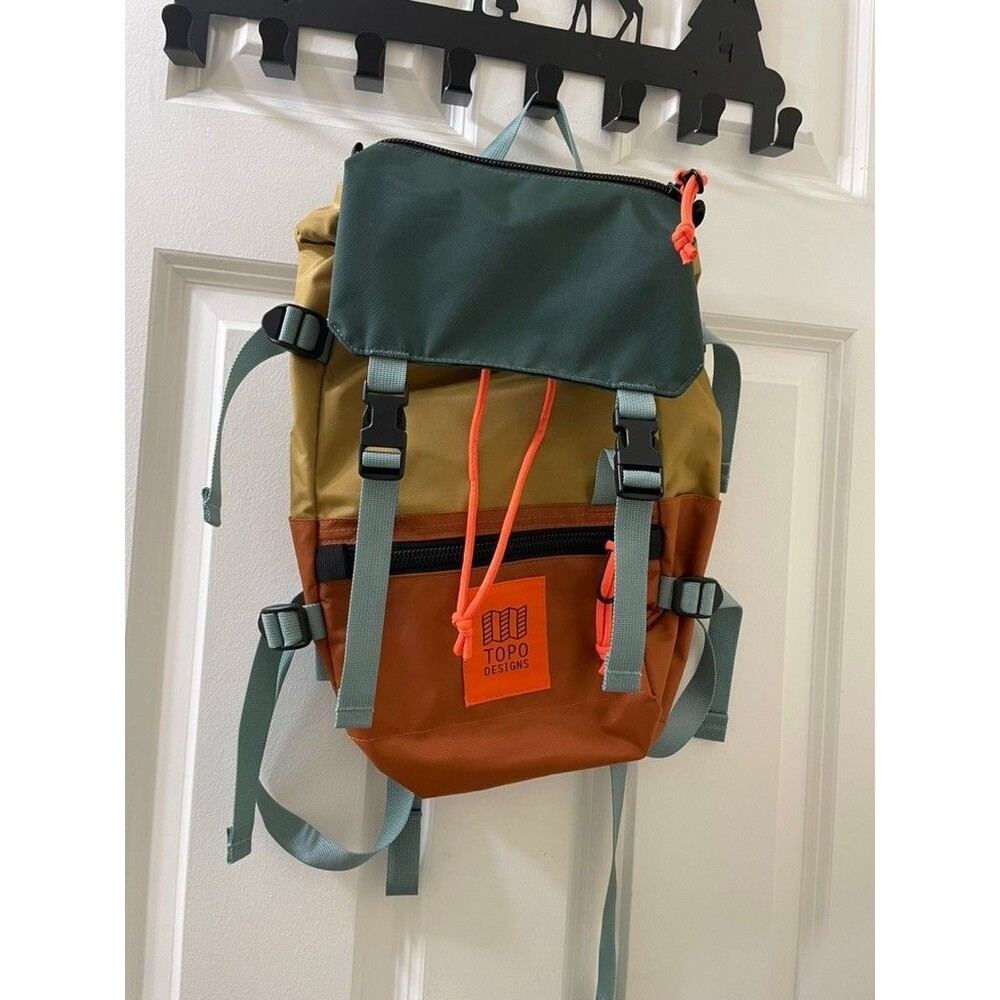 Topo Designs Rover Pack Mini Daypack - Forest, khaki, orange color blocks